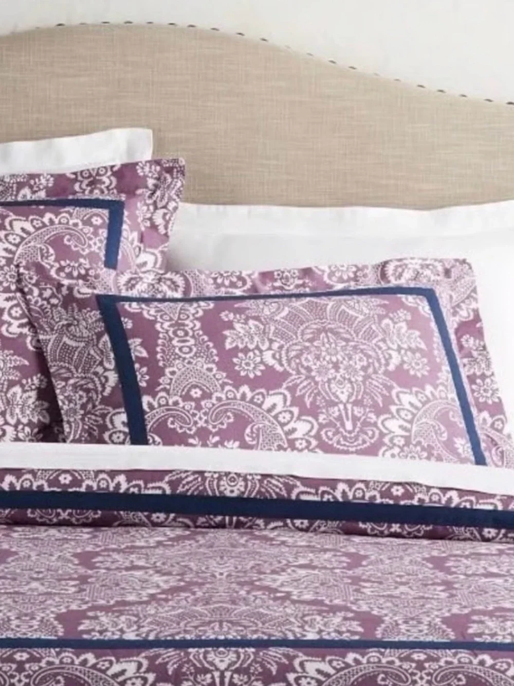 Pottery Barn Elaine Damask Purple Duvet Cover with Navy Trim Accents-King size